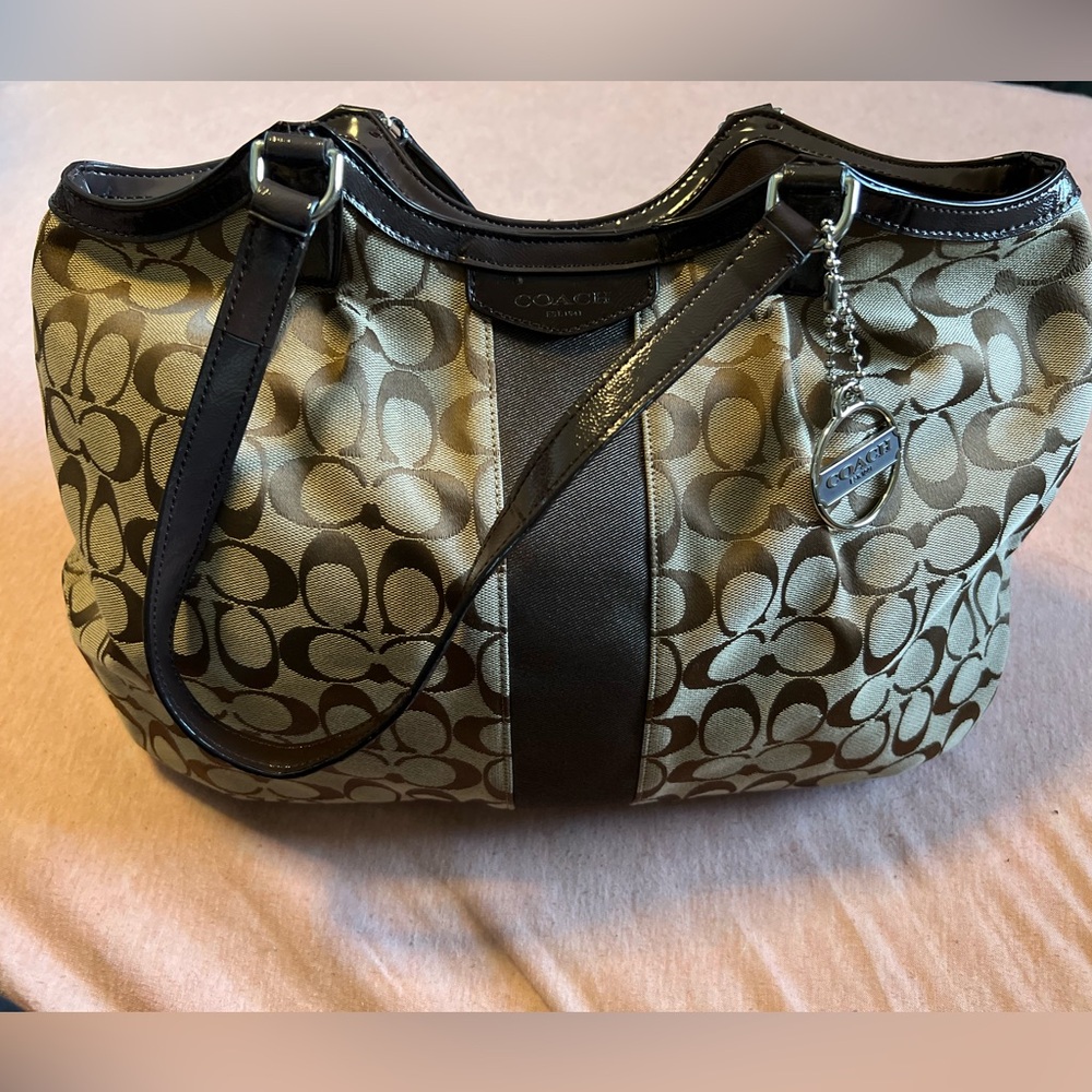 Coach Brown and Tan Shoulder Bag with Signature Design